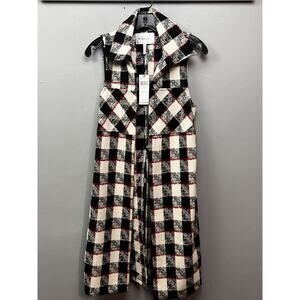 BCBGeneration Tweed Open front Long vest Womens XS‎ Black White Red Pockets NEW
